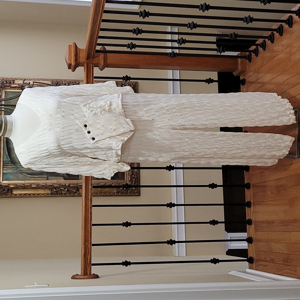 White Linen Pant Suit Unique Tufted Asymmetrical 2 Pc Lauren Vidal Women's Lg XL